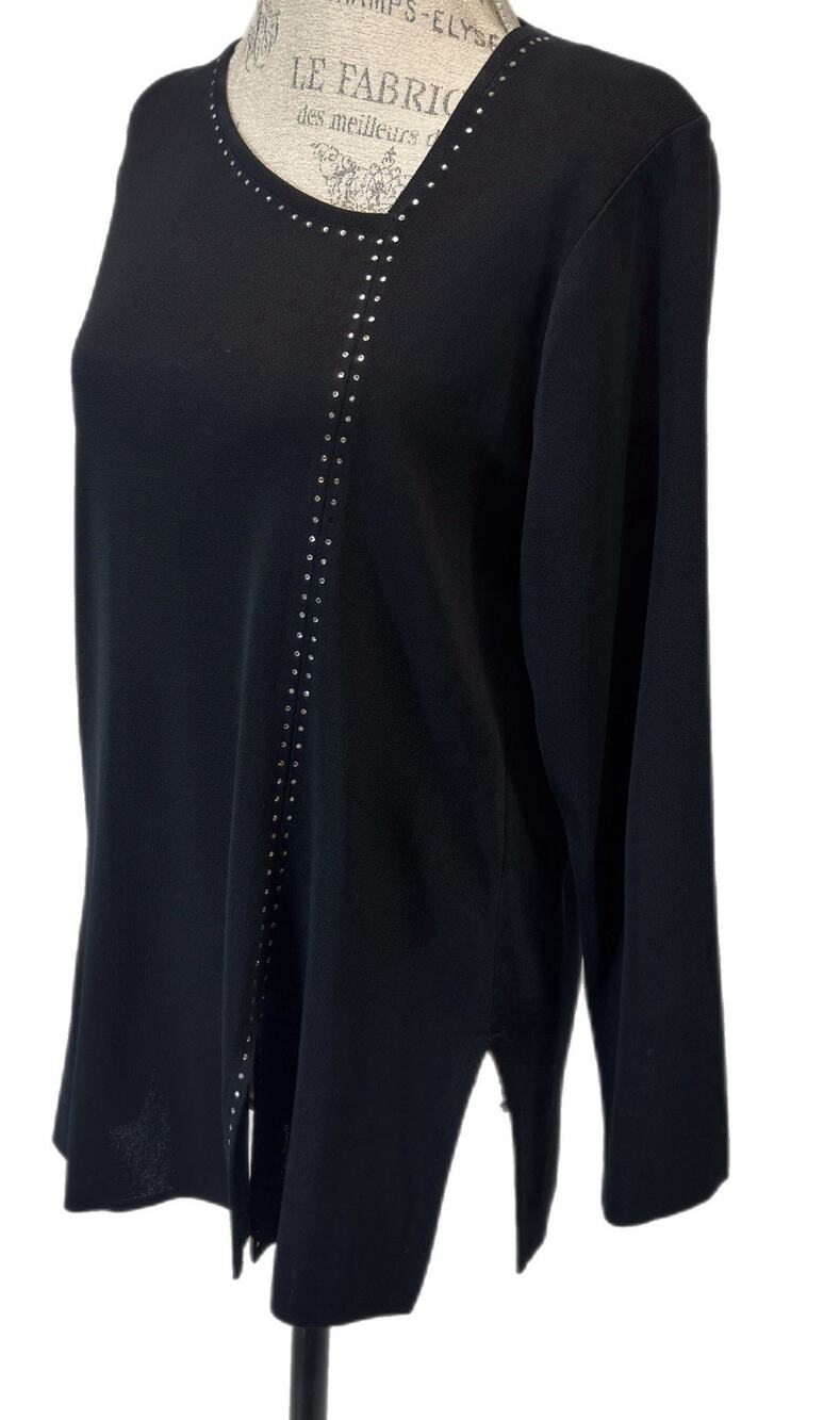 Misook Womens Black Studded Tunic Sweater Top Rhinestone Acrylic Knit Korea M